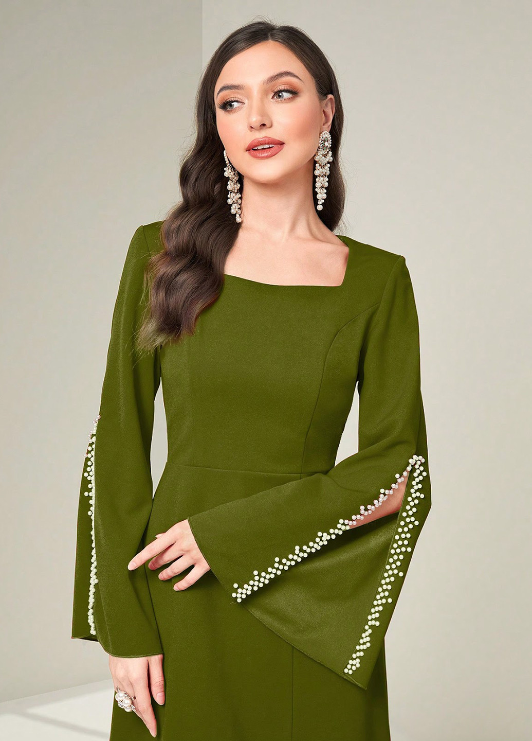 Оливковое (хаки) коктейльное платье SHEIN однотонное