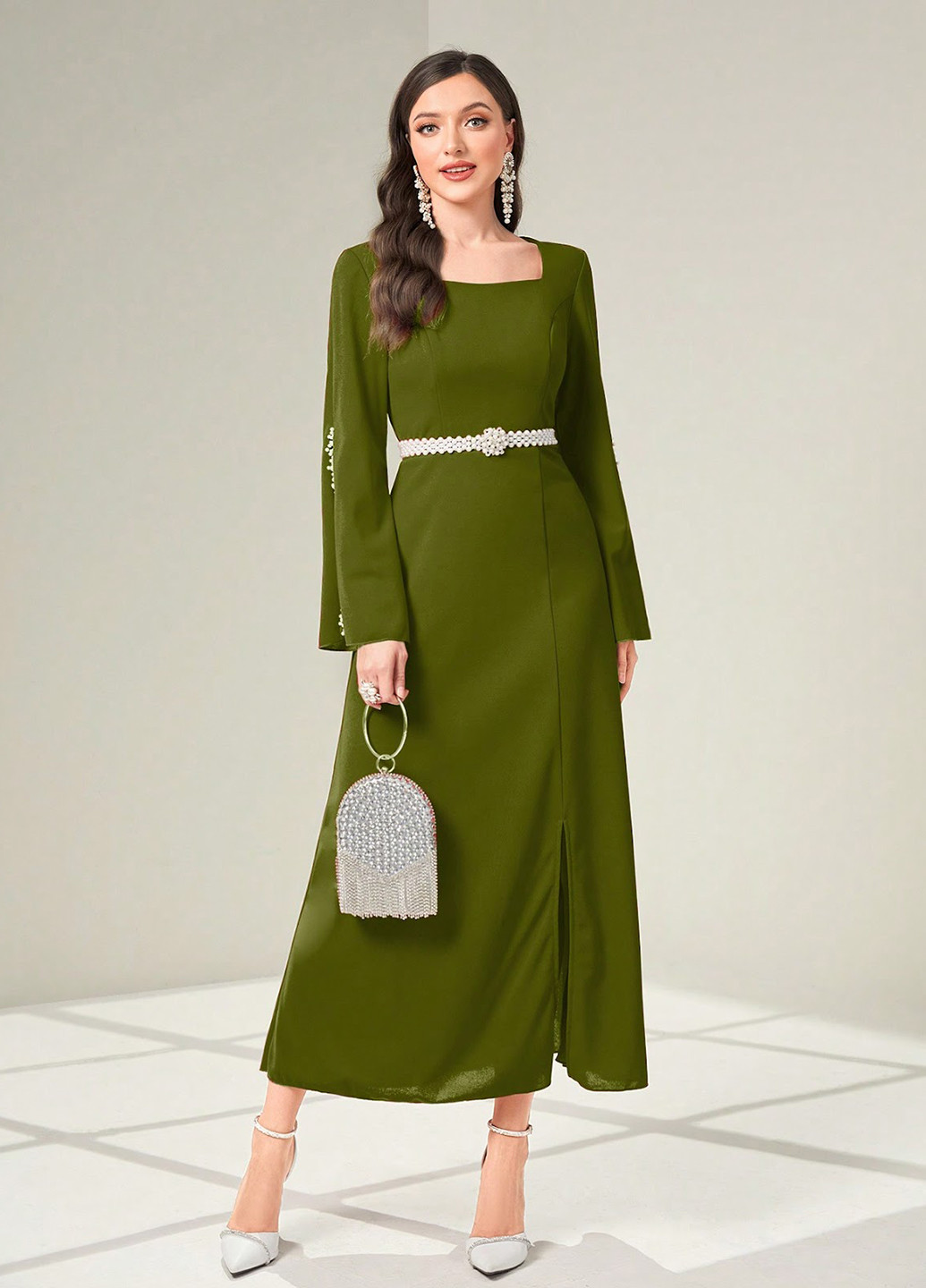 Оливковое (хаки) коктейльное платье SHEIN однотонное