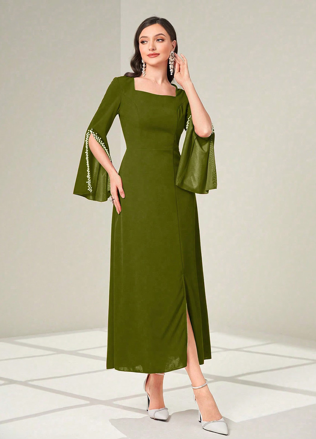 Оливковое (хаки) коктейльное платье SHEIN однотонное