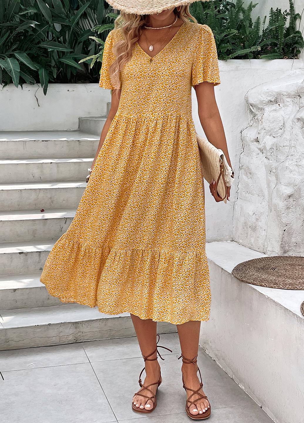 Горчичное кэжуал платье а-силуэт SHEIN с цветочным принтом