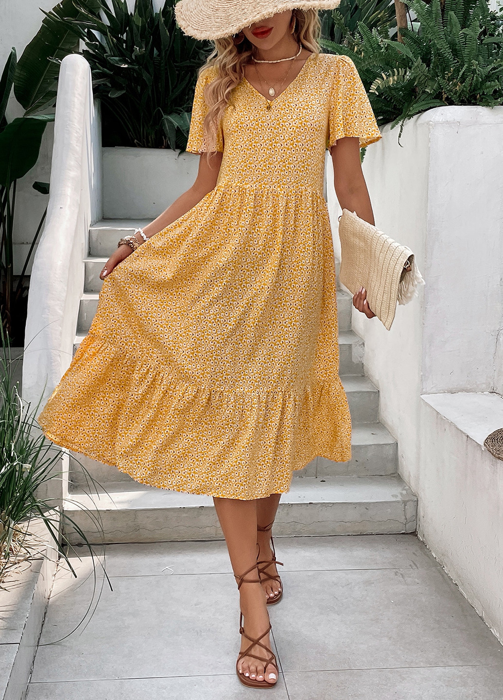 Горчичное кэжуал платье а-силуэт SHEIN с цветочным принтом