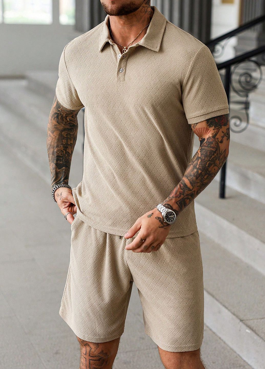 Бежевый демисезонный костюм (поло, брюки) с шортами SHEIN