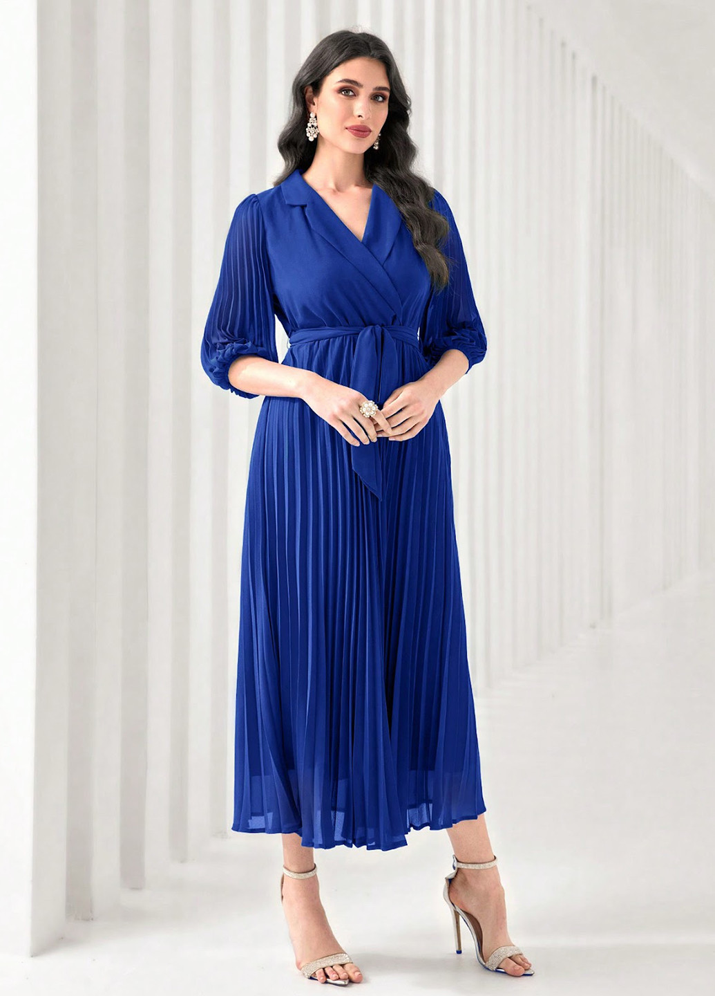 Темно-синя кежуал сукня на запах, плісована SHEIN однотонна