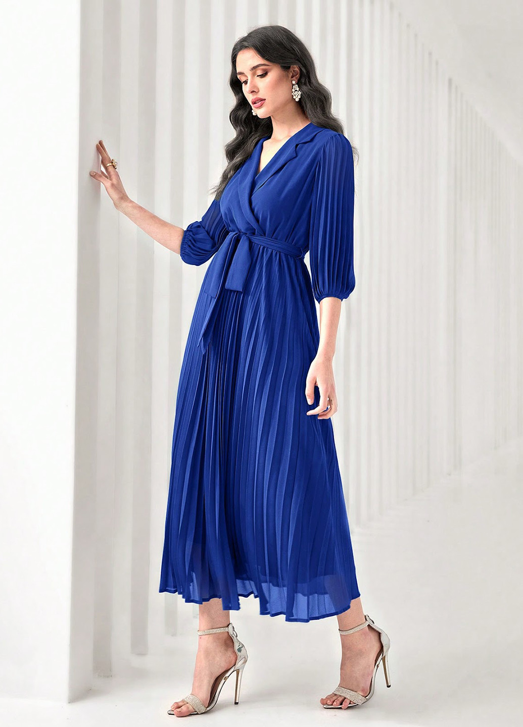 Темно-синя кежуал сукня на запах, плісована SHEIN однотонна