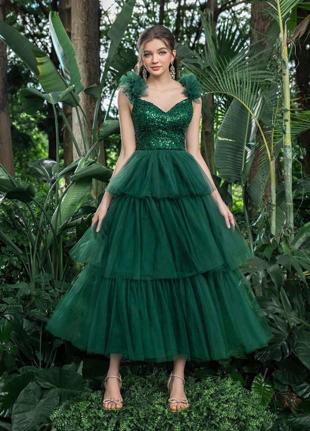 Темно-зеленое праздничный, вечернее платье с пышной юбкой SHEIN однотонное