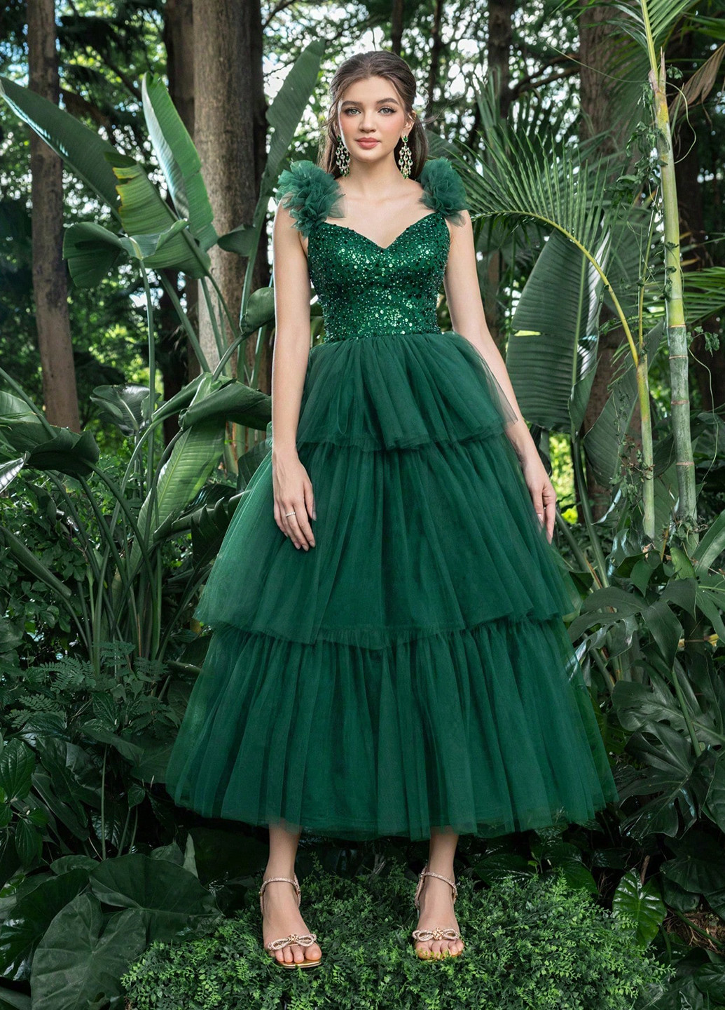 Темно-зеленое праздничный, вечернее платье с пышной юбкой SHEIN однотонное