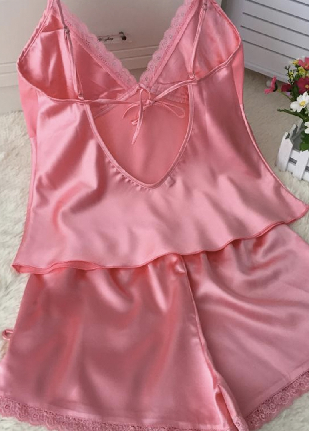 Рожева всесезон комплект жіноча шовкова піжама майка та шорти sleep & beauty No Brand