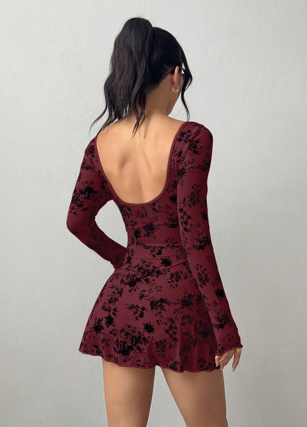 Бордовое кэжуал платье клеш SHEIN с цветочным принтом