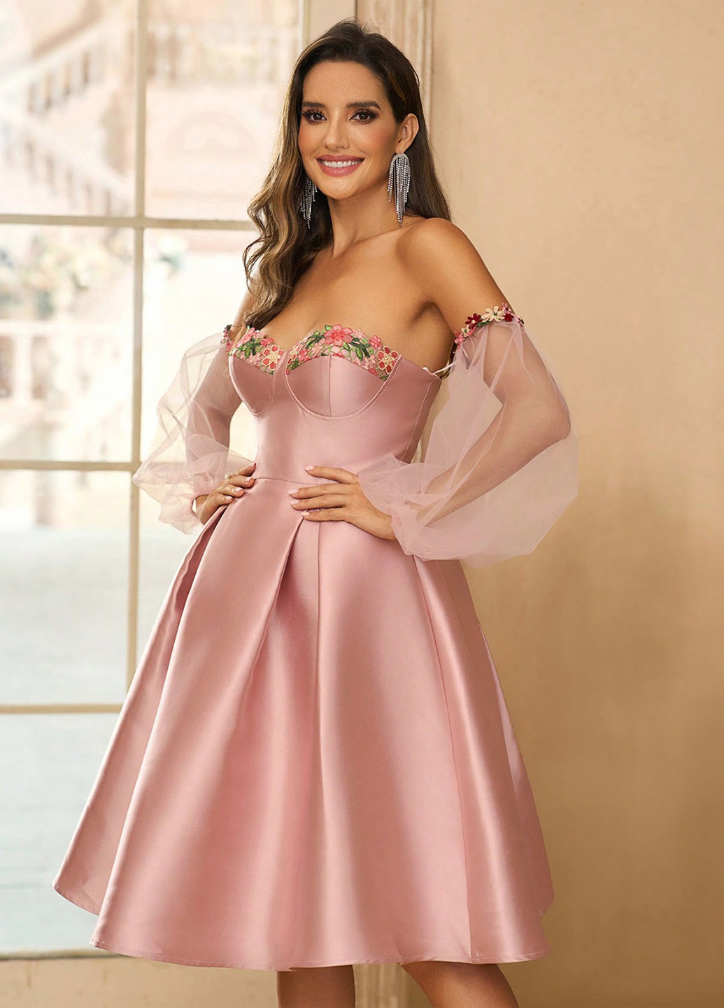 Светло-розовое праздничный платье бандо, с юбкой-солнце SHEIN однотонное