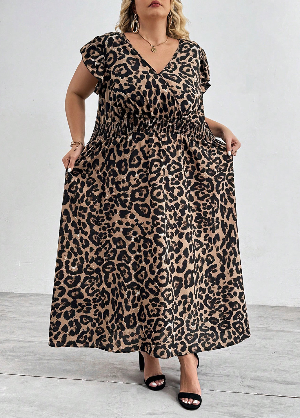 Светло-коричневое кэжуал платье клеш SHEIN леопардовый
