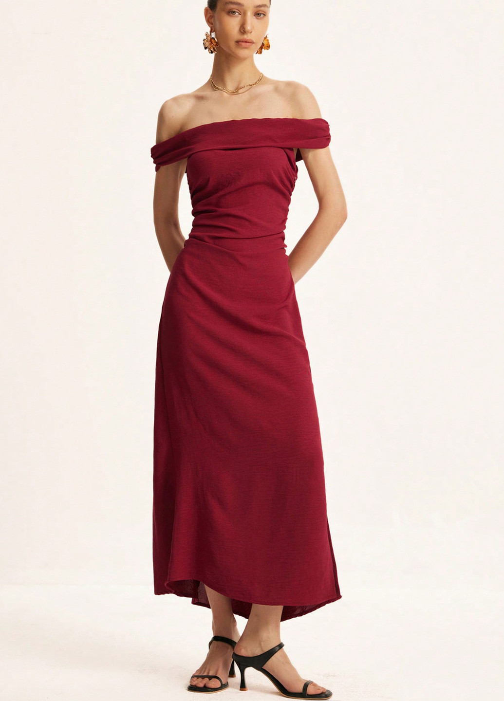 Красное вечернее, кэжуал платье с открытыми плечами, бандо SHEIN однотонное