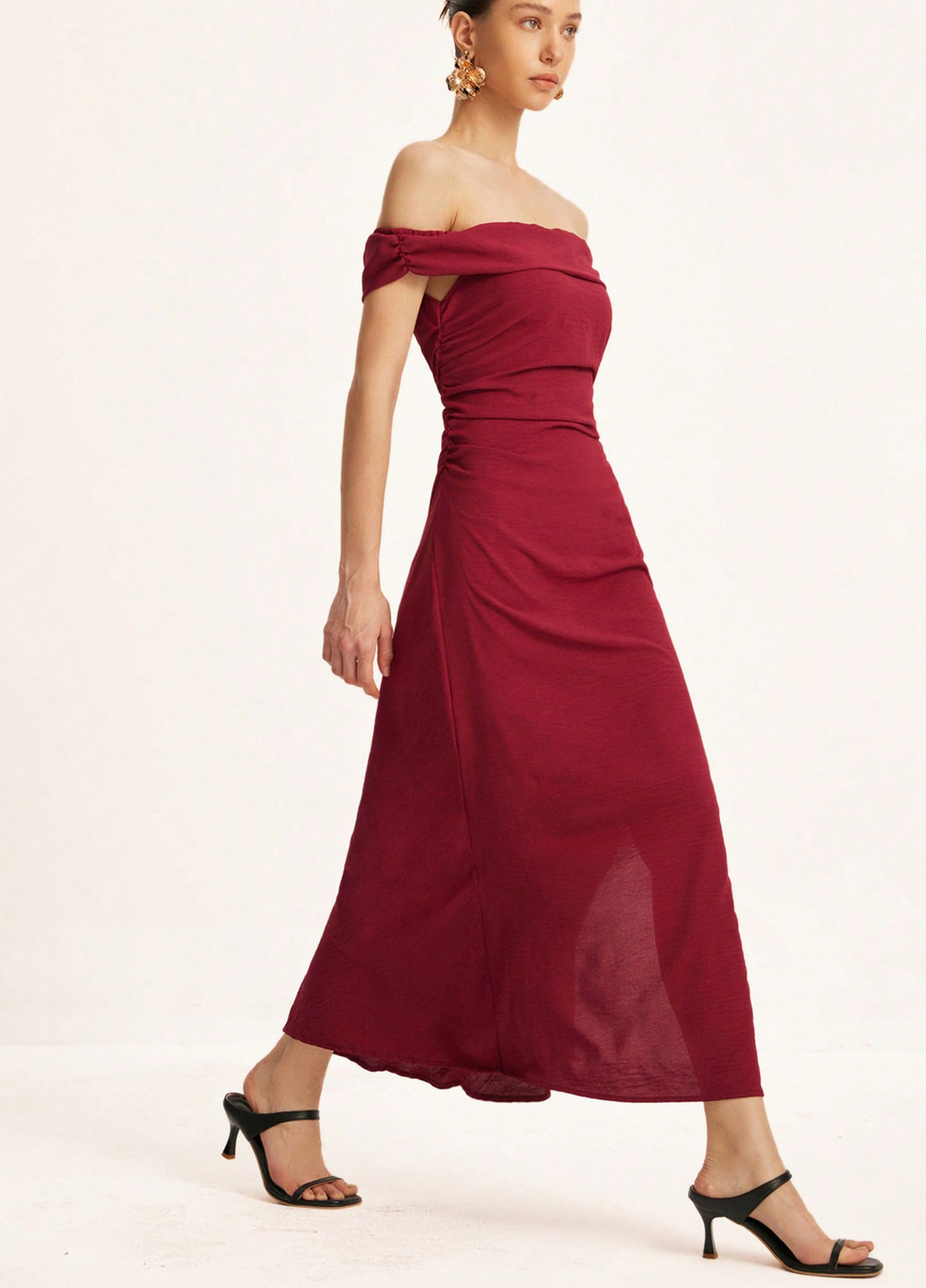 Красное вечернее, кэжуал платье с открытыми плечами, бандо SHEIN однотонное