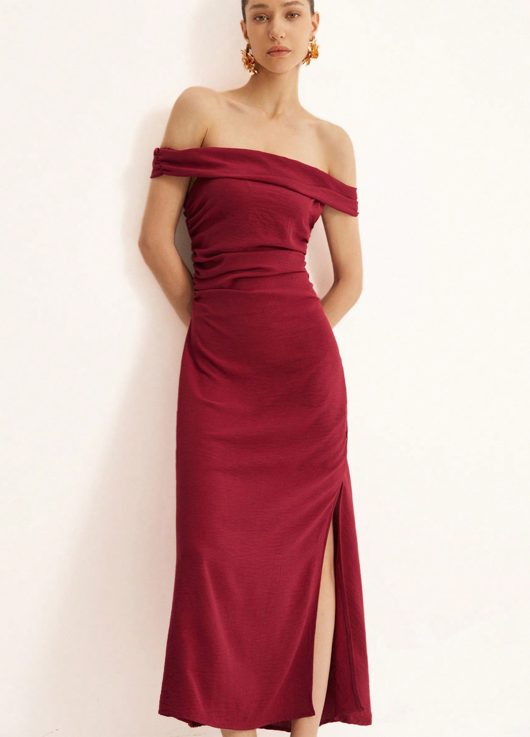 Красное вечернее, кэжуал платье с открытыми плечами, бандо SHEIN однотонное