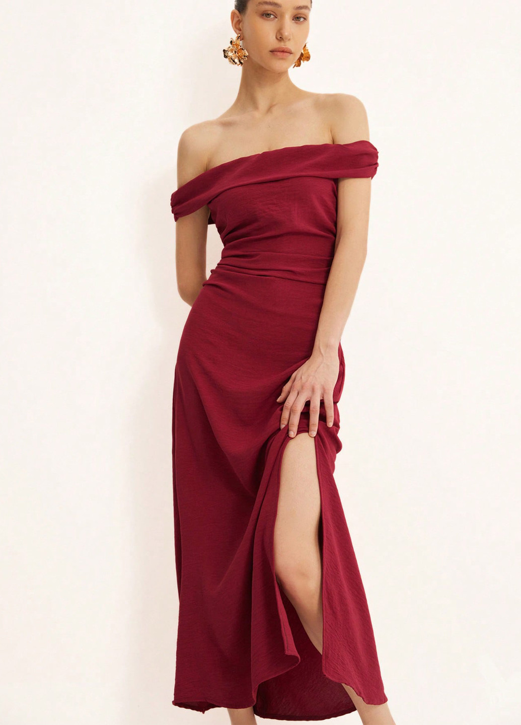 Красное вечернее, кэжуал платье с открытыми плечами, бандо SHEIN однотонное
