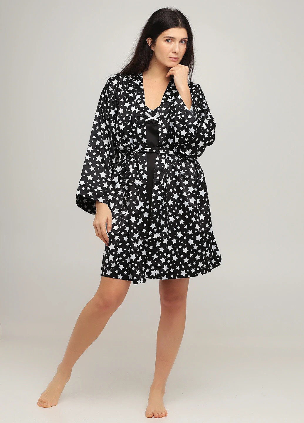 Чорно-білий демісезонний комплект (нічна сорочка, халат) Studio