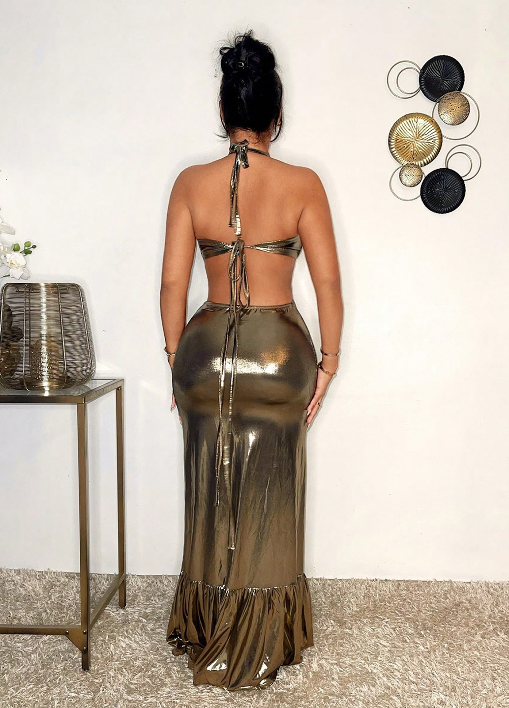 Золотистий вечірня сукня годе, з відкритою спиною, з відкритими плечима SHEIN однотонна