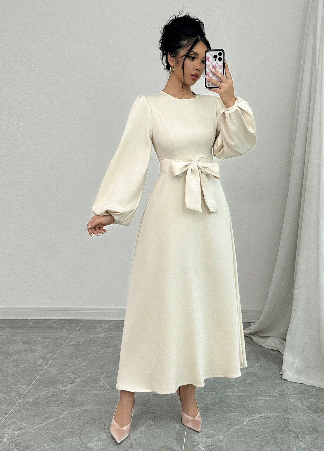 Молочное кэжуал платье а-силуэт SHEIN однотонное