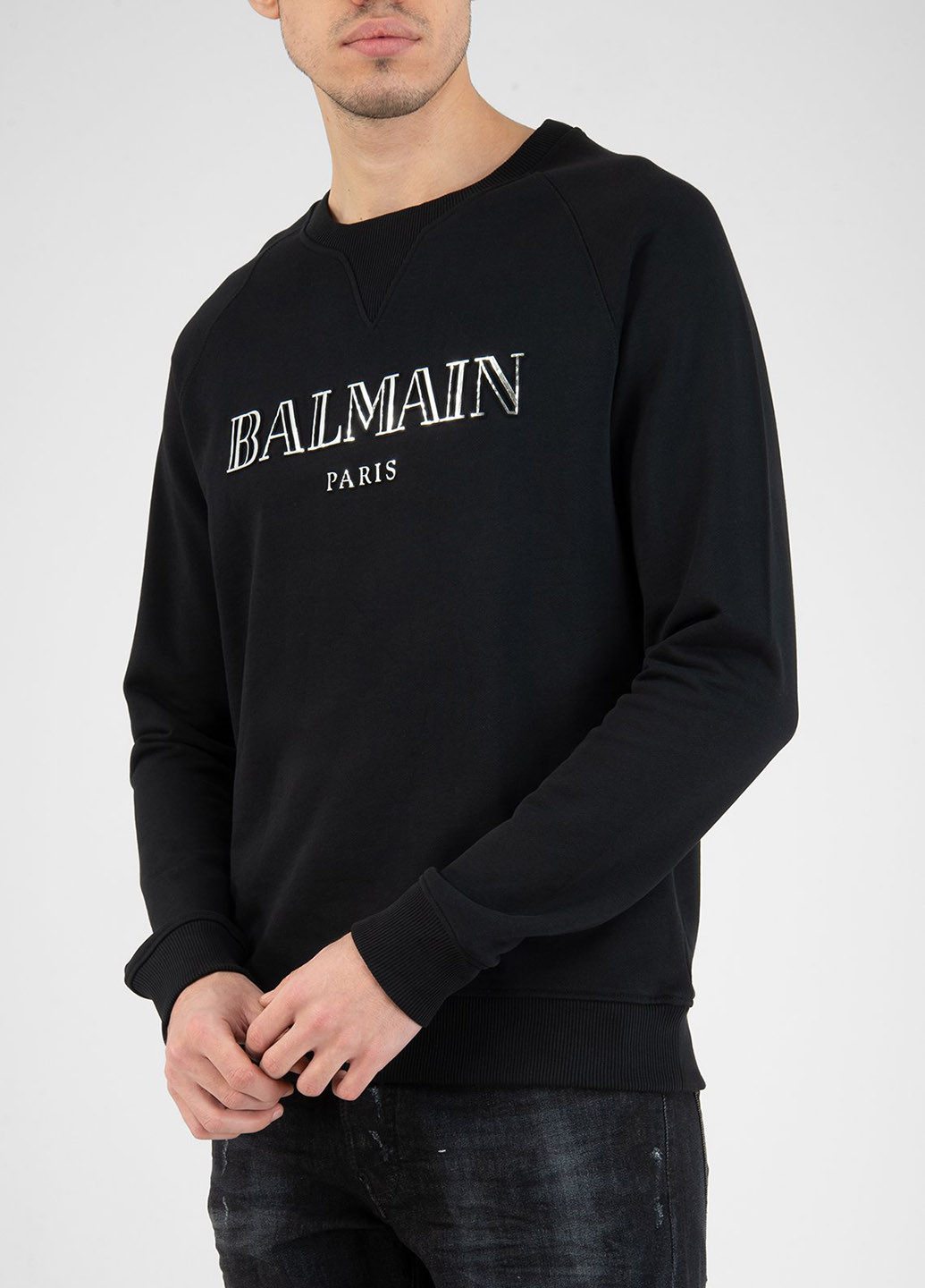 Сірий бавовняний світшот із логотипом Balmain - крій напис чорний кежуал - (198218991)