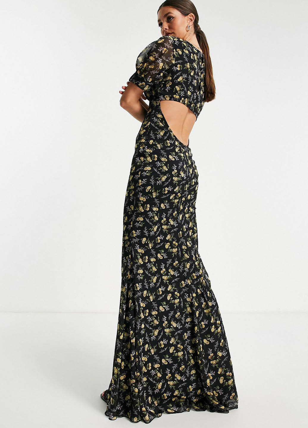 Черное кэжуал платье с открытой спиной, клеш Asos с цветочным принтом