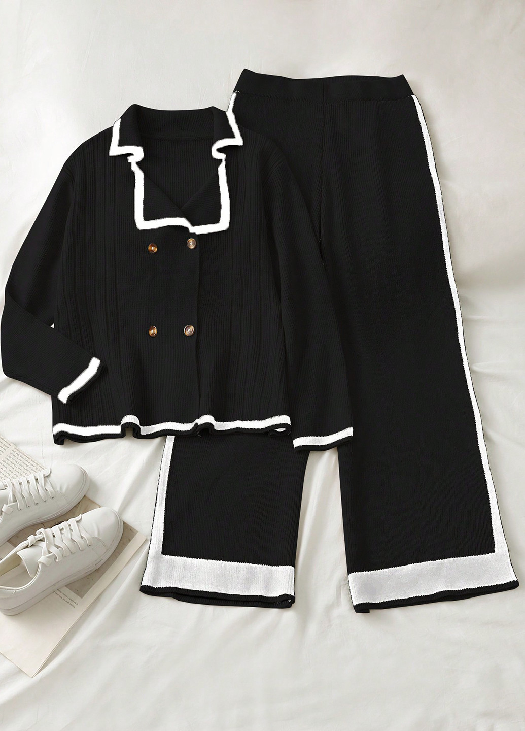 Черно-белый демисезонный комплект (кофта, брюки) SHEIN