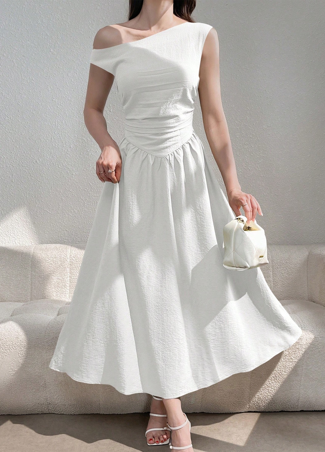 Білий кежуал, коктейльна сукня кльош, на одне плече SHEIN однотонна