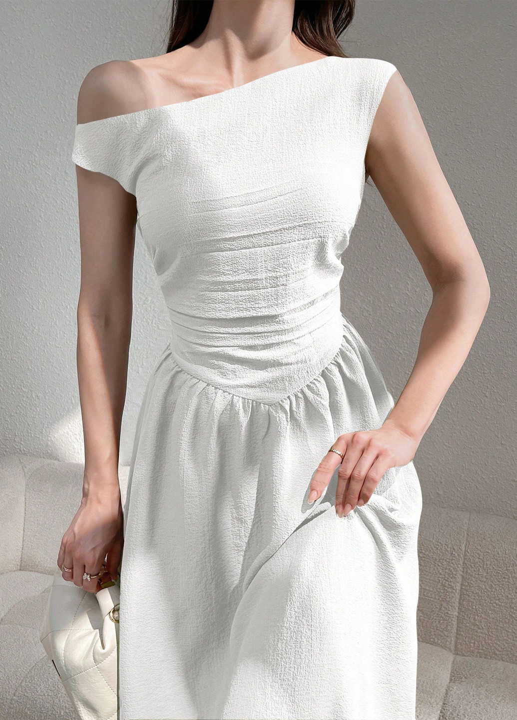 Білий кежуал, коктейльна сукня кльош, на одне плече SHEIN однотонна