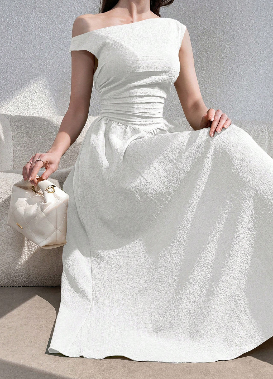 Білий кежуал, коктейльна сукня кльош, на одне плече SHEIN однотонна