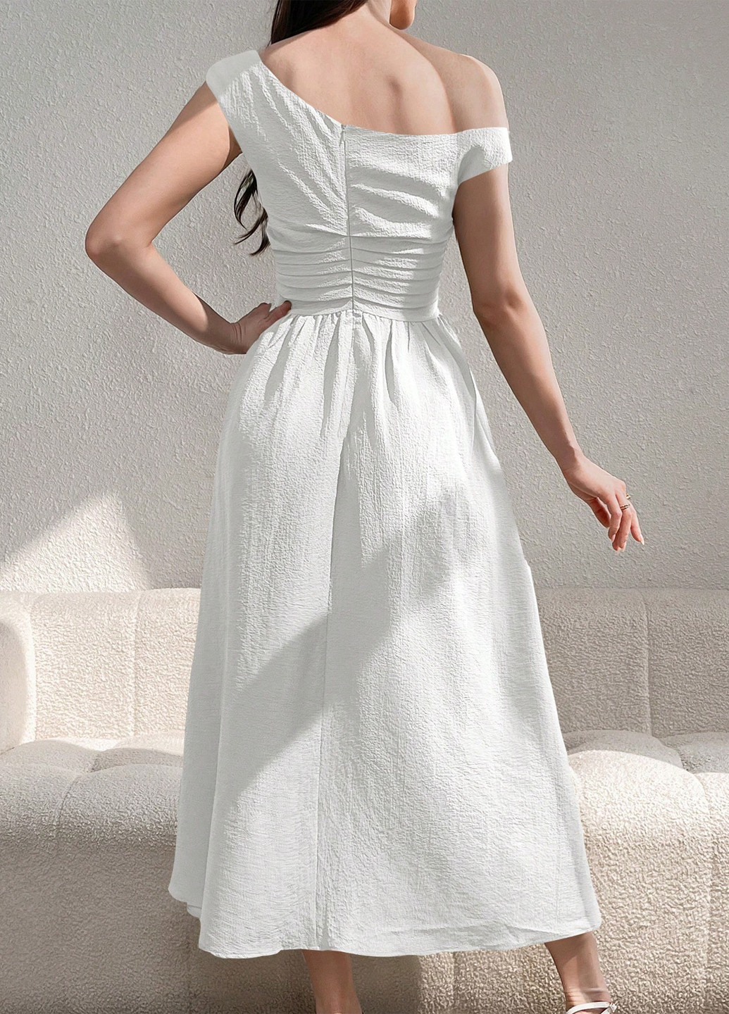 Білий кежуал, коктейльна сукня кльош, на одне плече SHEIN однотонна