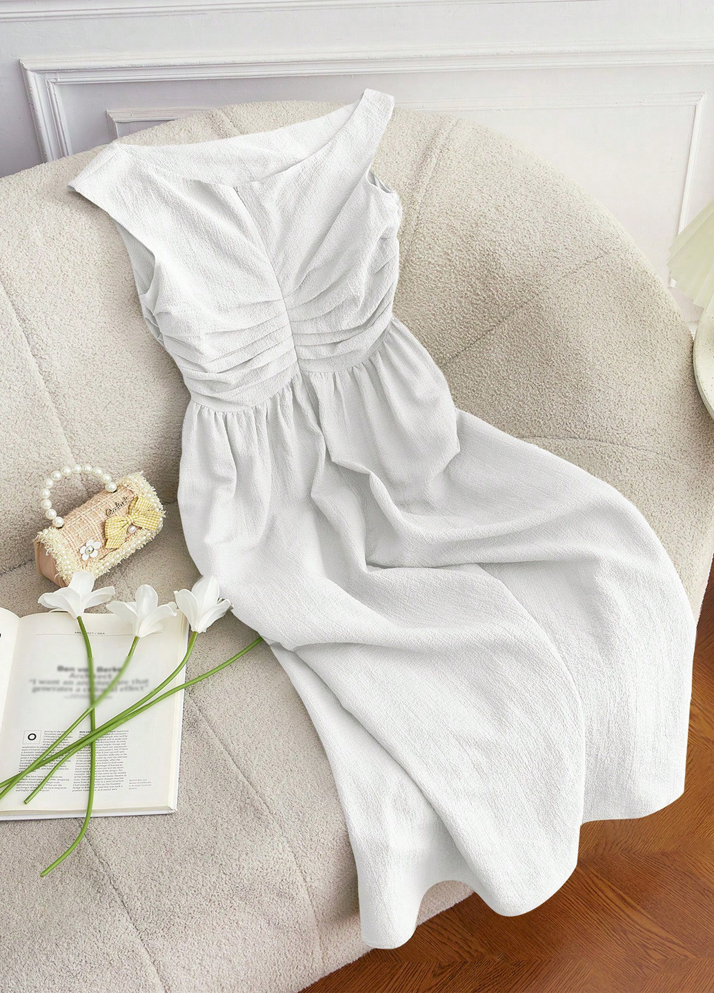 Білий кежуал, коктейльна сукня кльош, на одне плече SHEIN однотонна