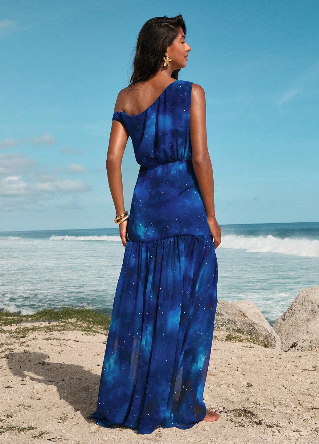 Синя вечірня, пляжна сукня з спідницею-сонце, на одне плече SHEIN тай-дай