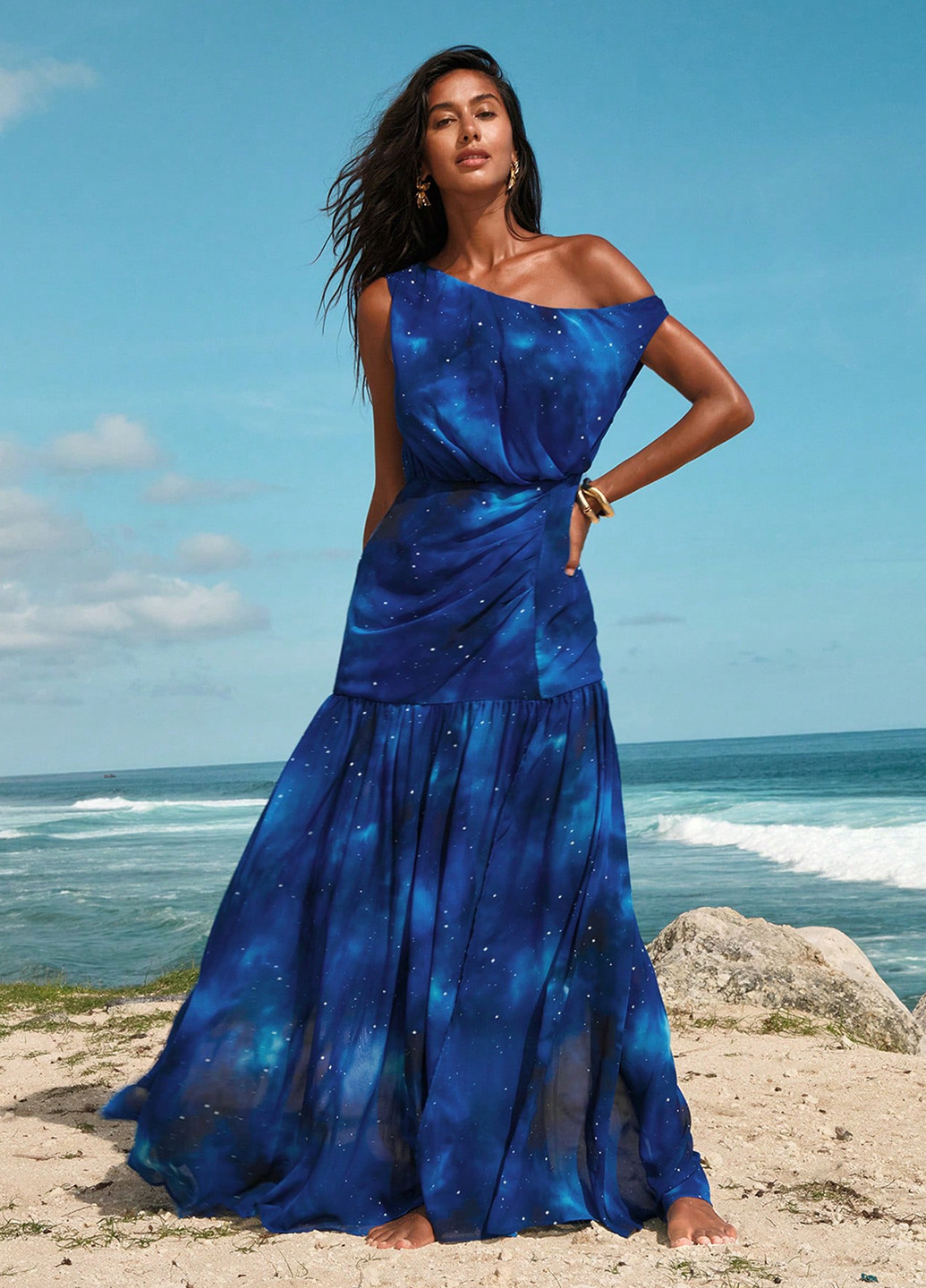 Синя вечірня, пляжна сукня з спідницею-сонце, на одне плече SHEIN тай-дай
