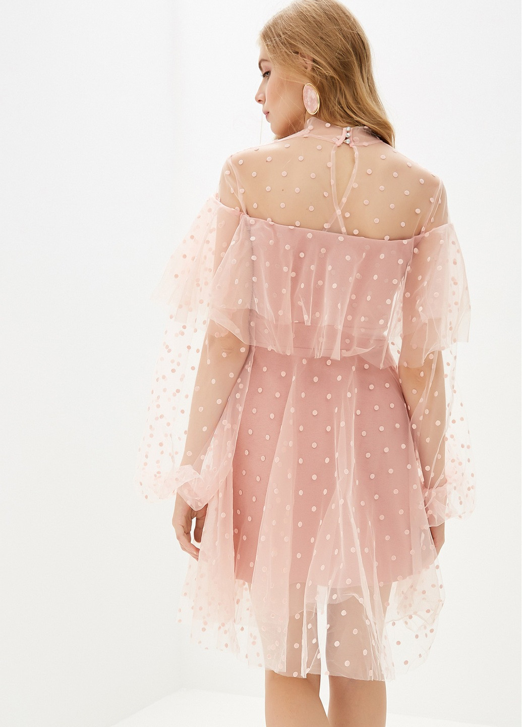 Светло-розовое коктейльное платье клеш Gepur в горошек