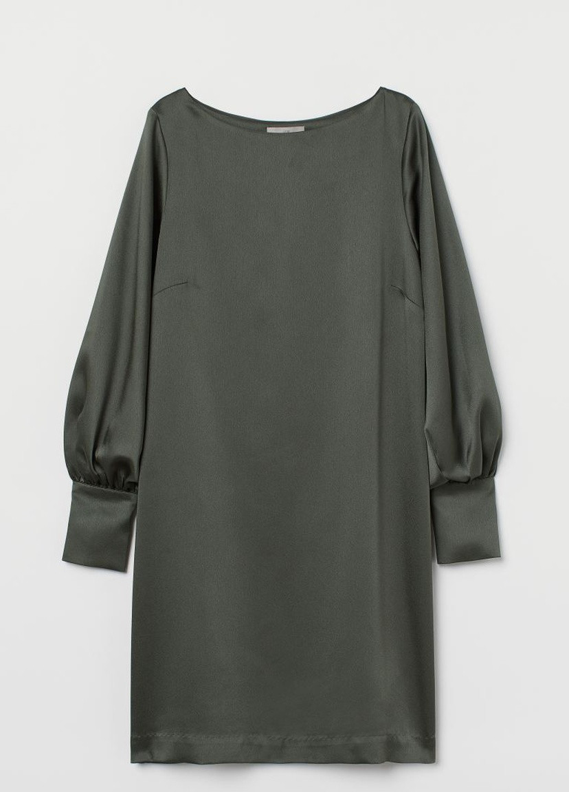 Темно-зеленое коктейльное атласное платье H&M однотонное