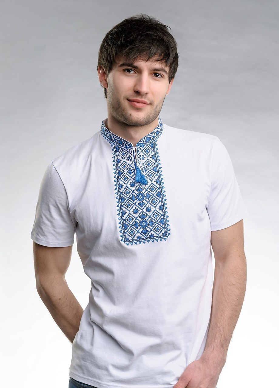 Белая вышиванка с коротким рукавом звездное сияние белая с красным Melanika узор геометрический приталенная хлопок органический (249631207)