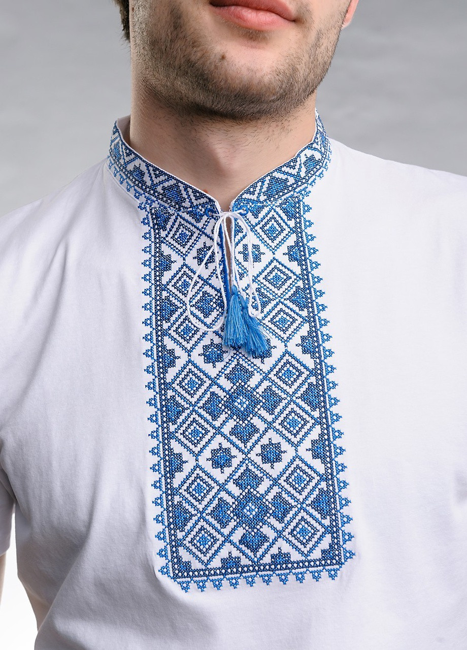 Белая вышиванка с коротким рукавом звездное сияние белая с красным Melanika узор геометрический приталенная хлопок органический (249631207)