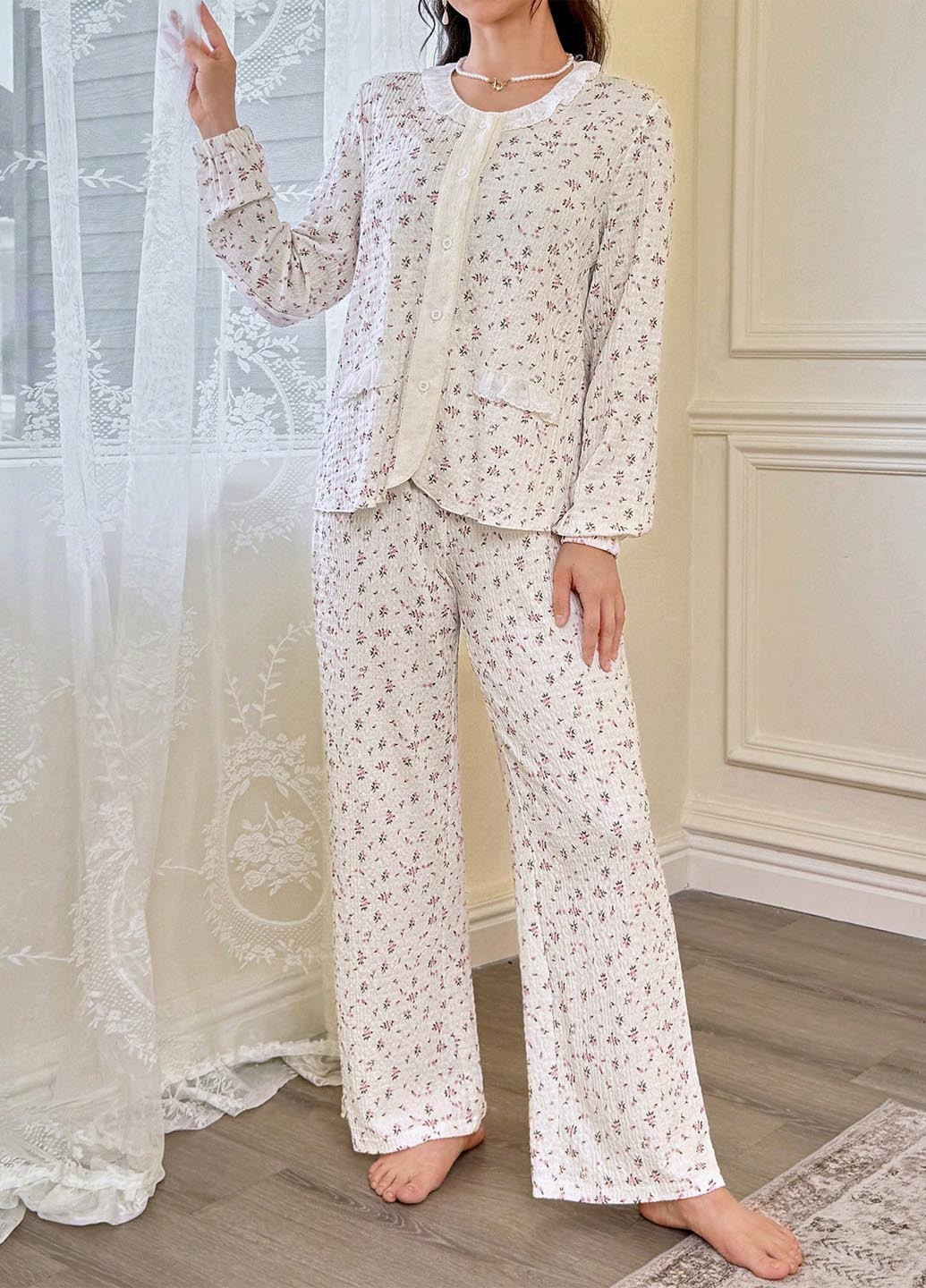 Кремовая всесезон пижама (рубашка, брюки) рубашка + брюки SHEIN