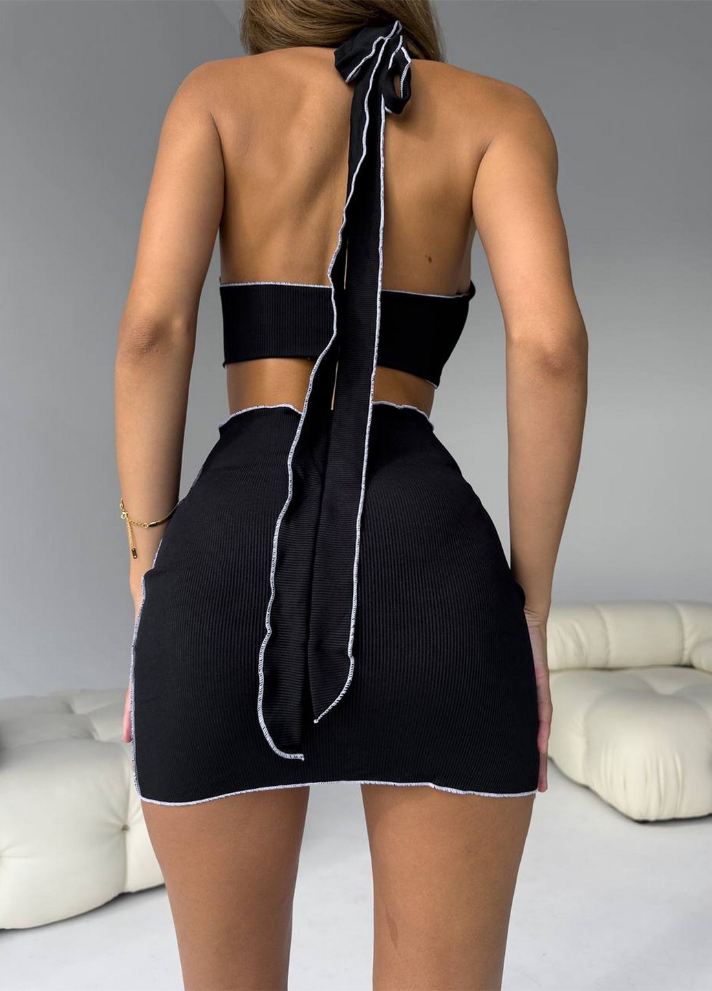 Чорний літній пляжний комплект жіночий (купальник, спідниця) халтер, роздільний NOVA VEGA