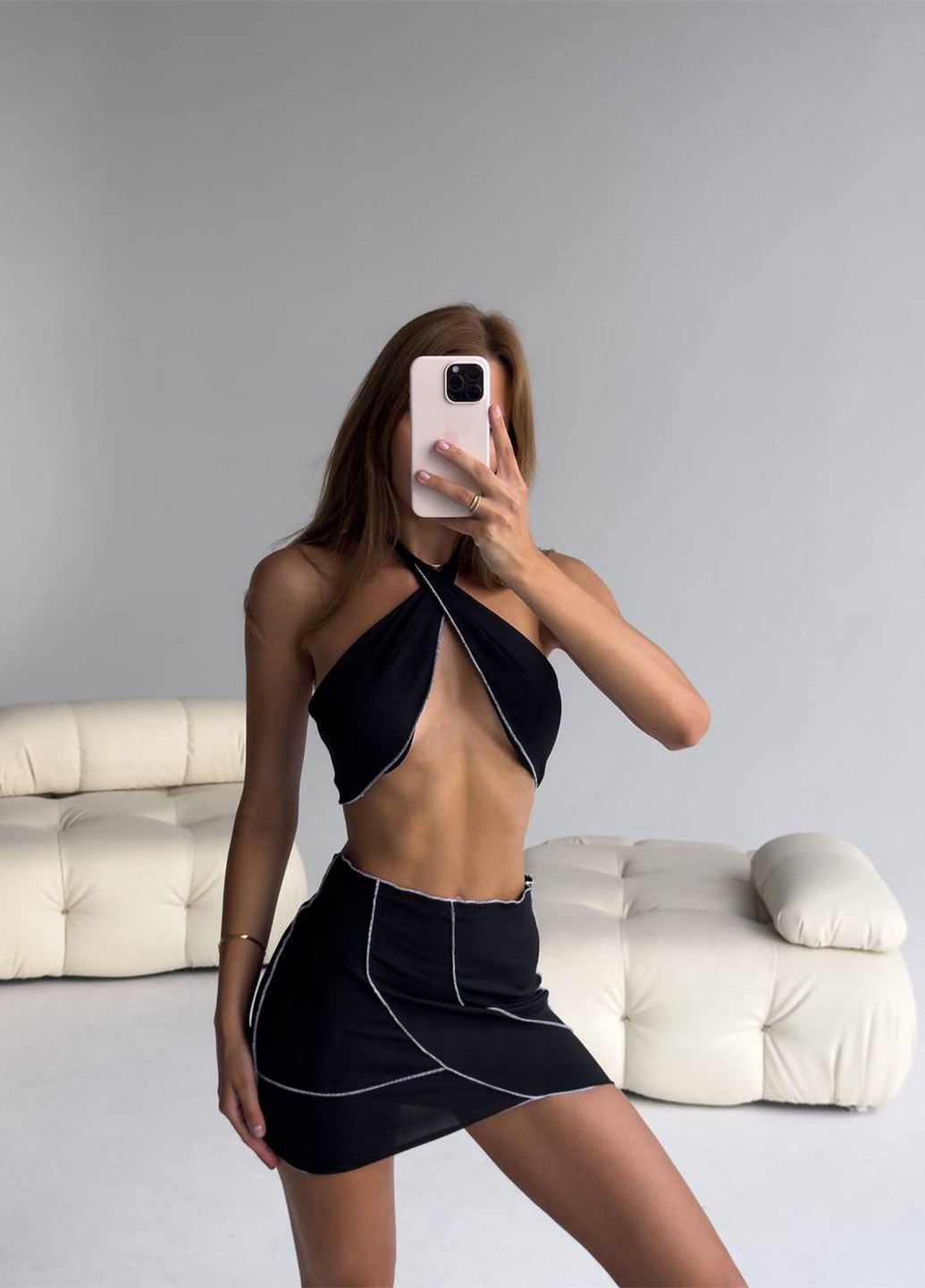 Чорний літній пляжний комплект жіночий (купальник, спідниця) халтер, роздільний NOVA VEGA