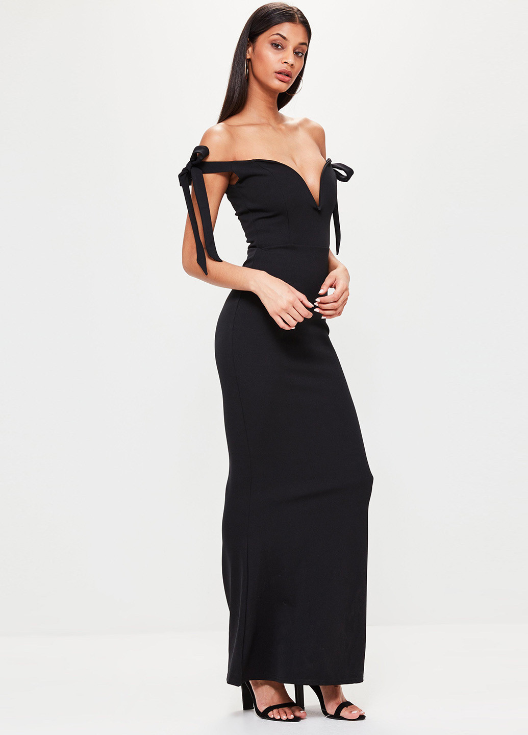 Черное вечернее платье с открытыми плечами, футляр Missguided однотонное