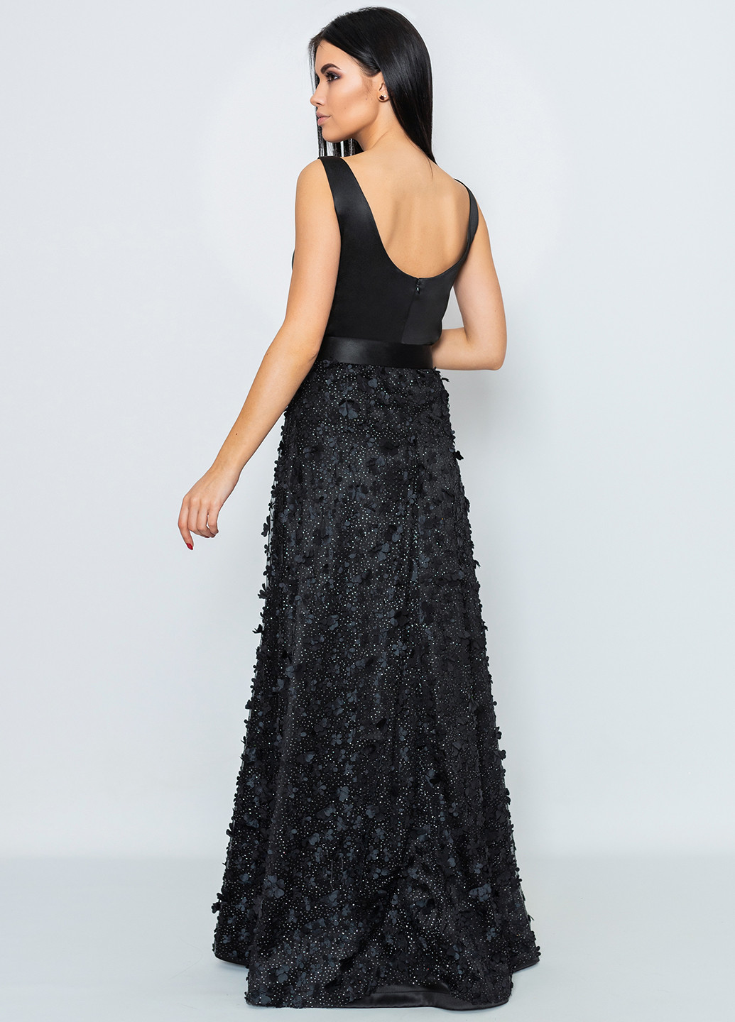 Чорна вечірня плаття, сукня з відкритою спиною Seam однотонна