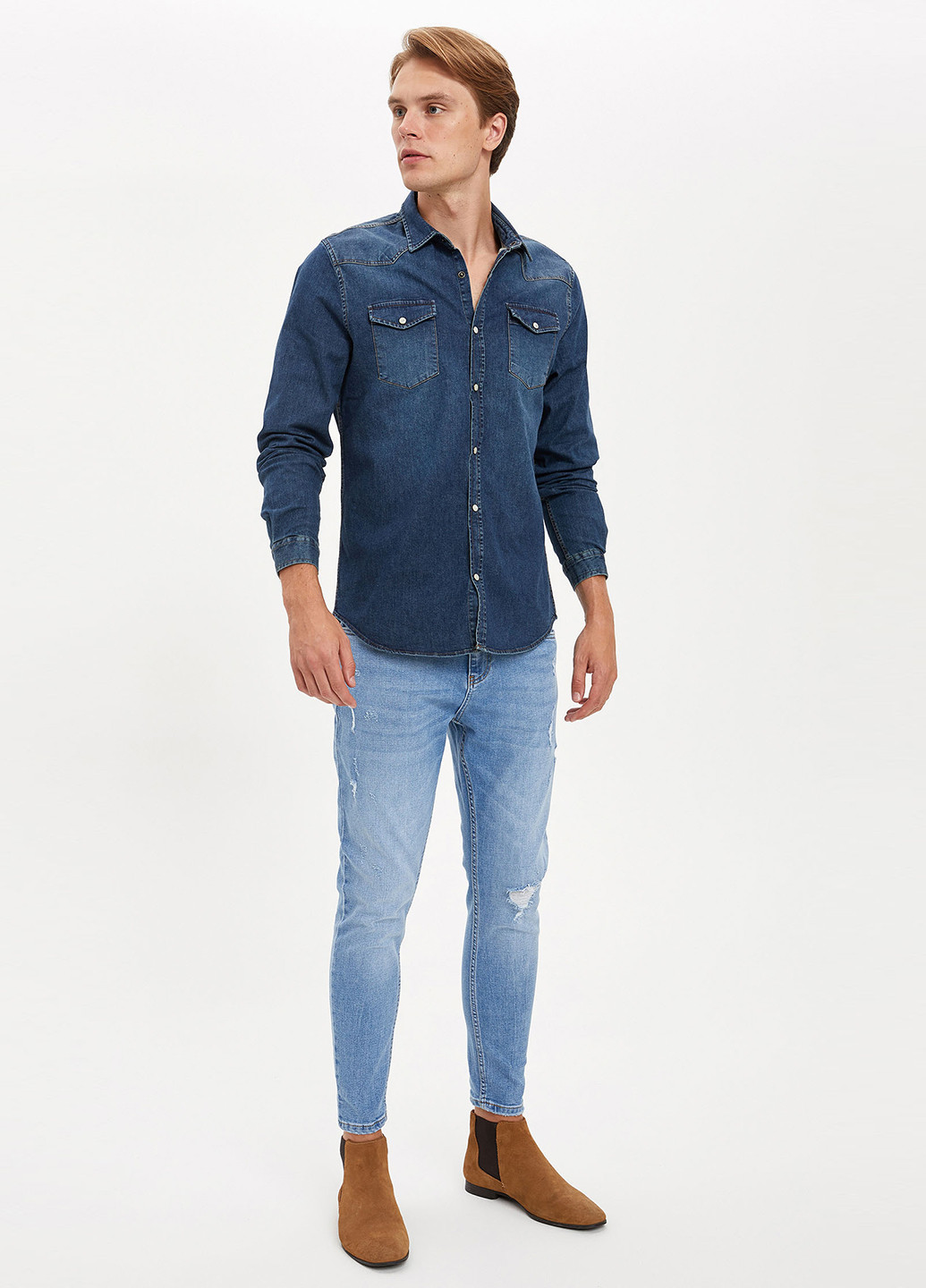 Сорочка DeFacto світло-синя джинсова бавовна