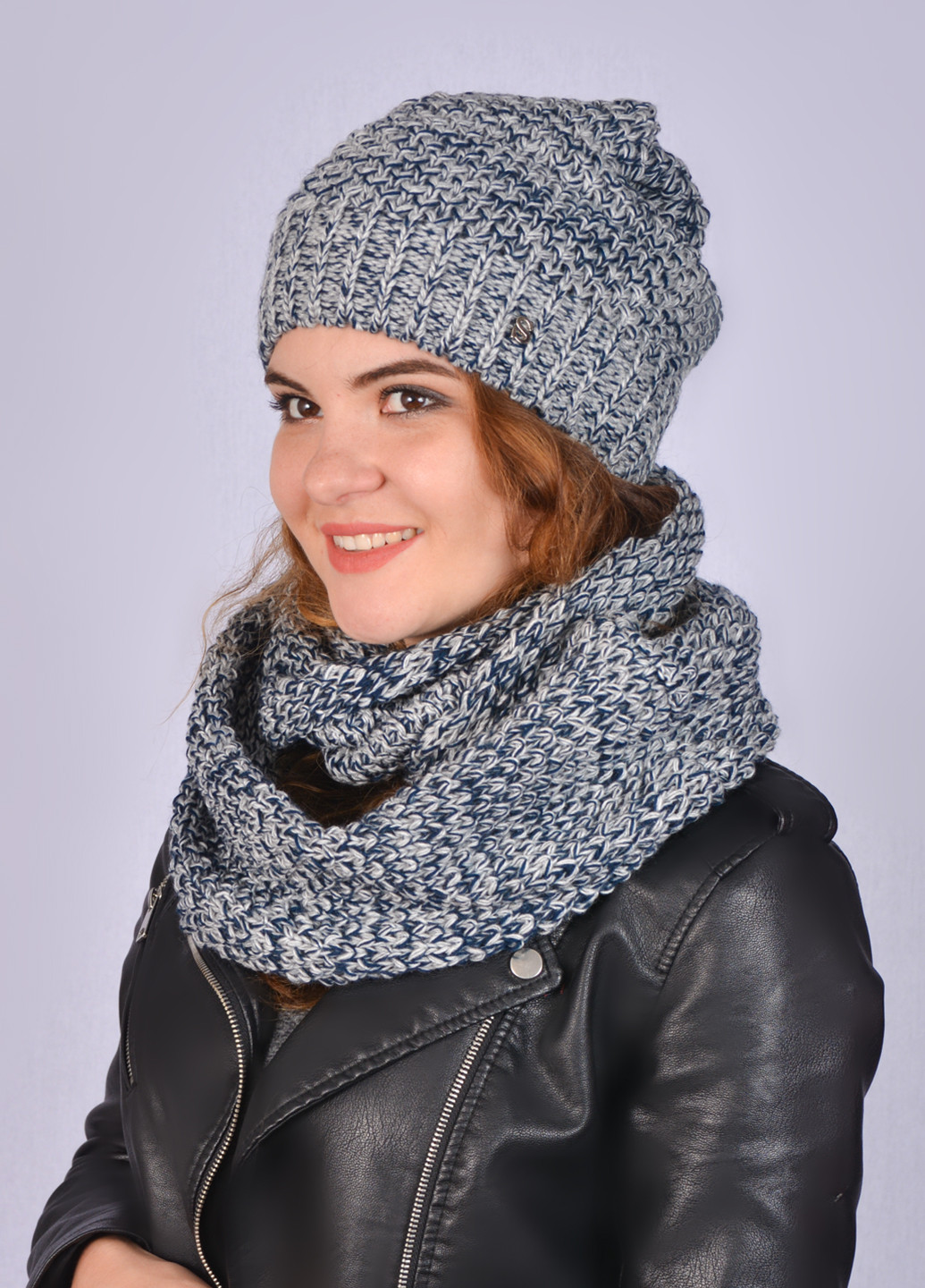 Сірий зимній комплект (шапка, шарф) Premium