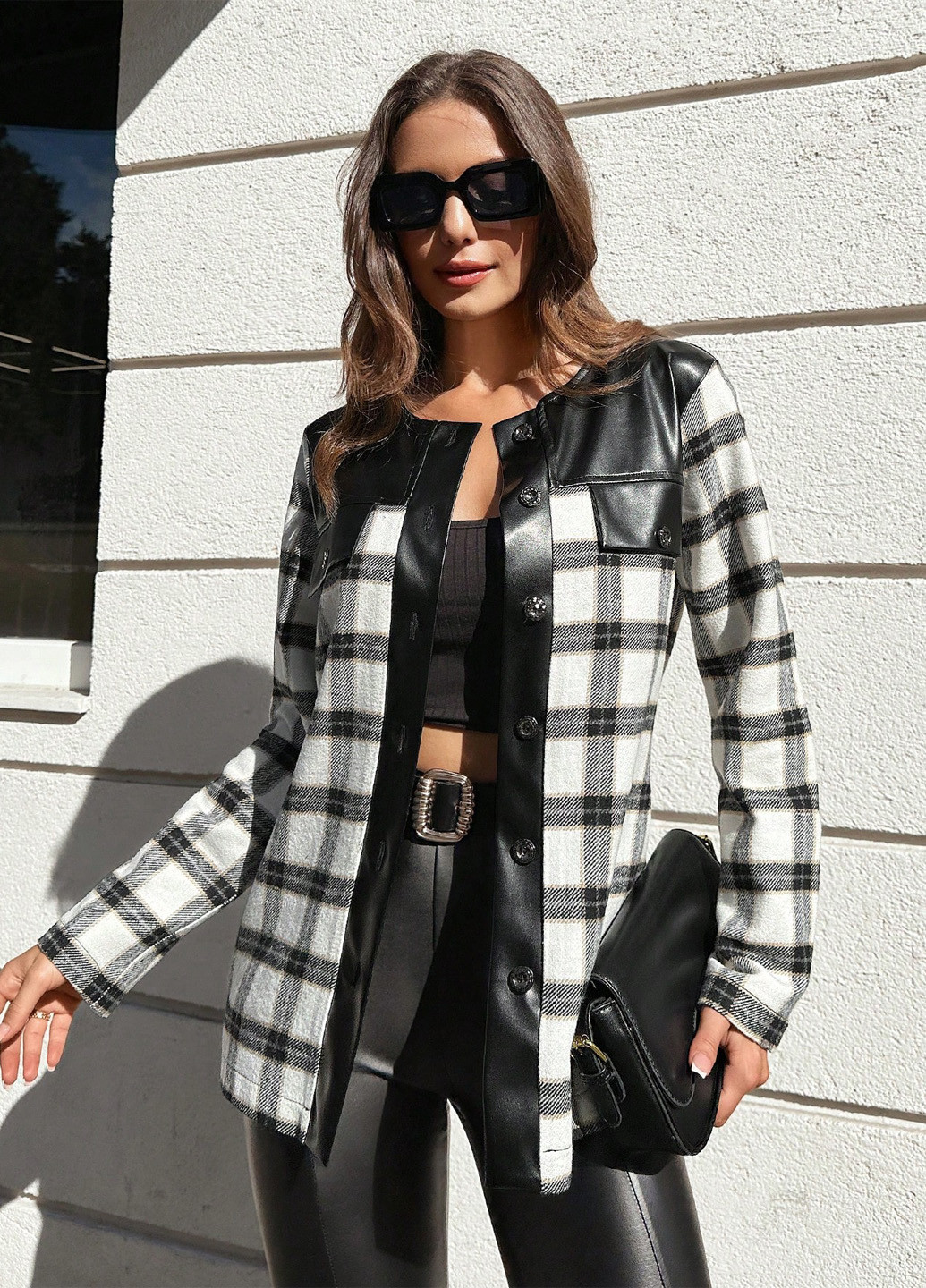 Черно-белое Кэжуал полупальто однобортное SHEIN в клетку