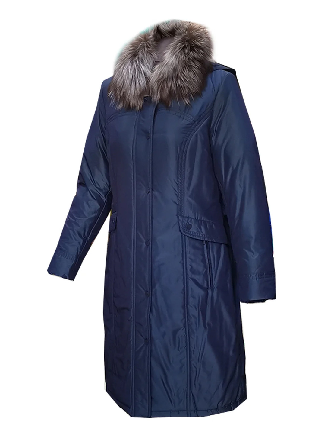 Синее зимнее Пуховик пальто с капюшоном с мехом чернобурки City Classic