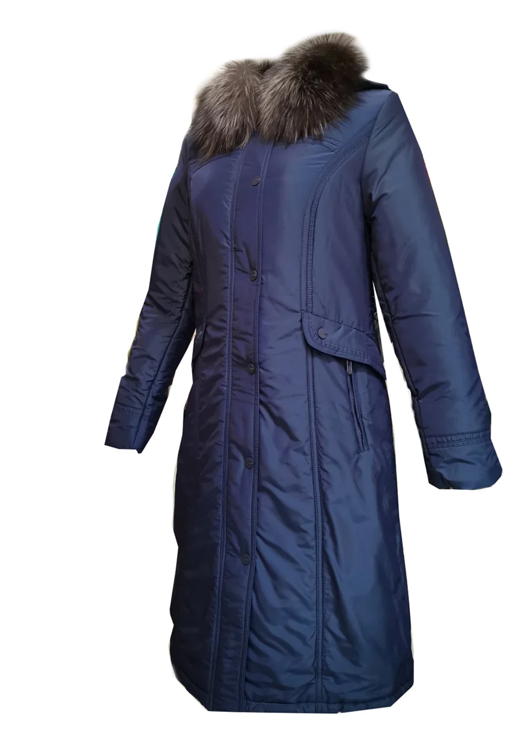 Синее зимнее Пуховик пальто с капюшоном с мехом чернобурки City Classic
