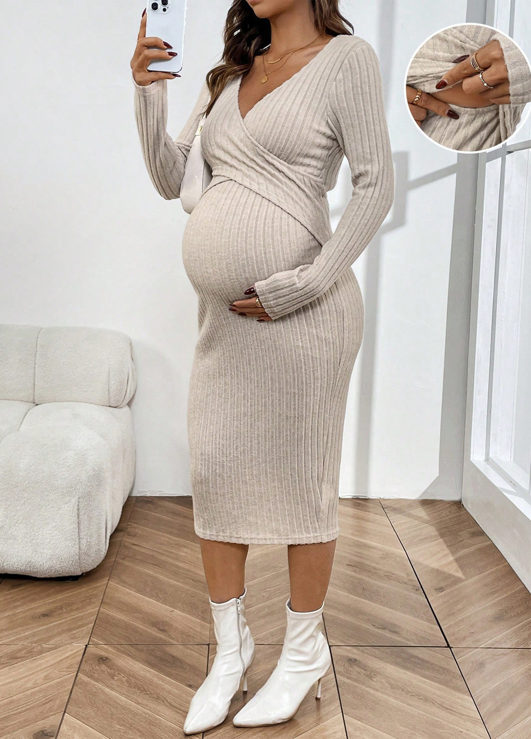 Светло-бежевое кэжуал платье для беременных и кормящих матерей силуэтная SHEIN однотонное