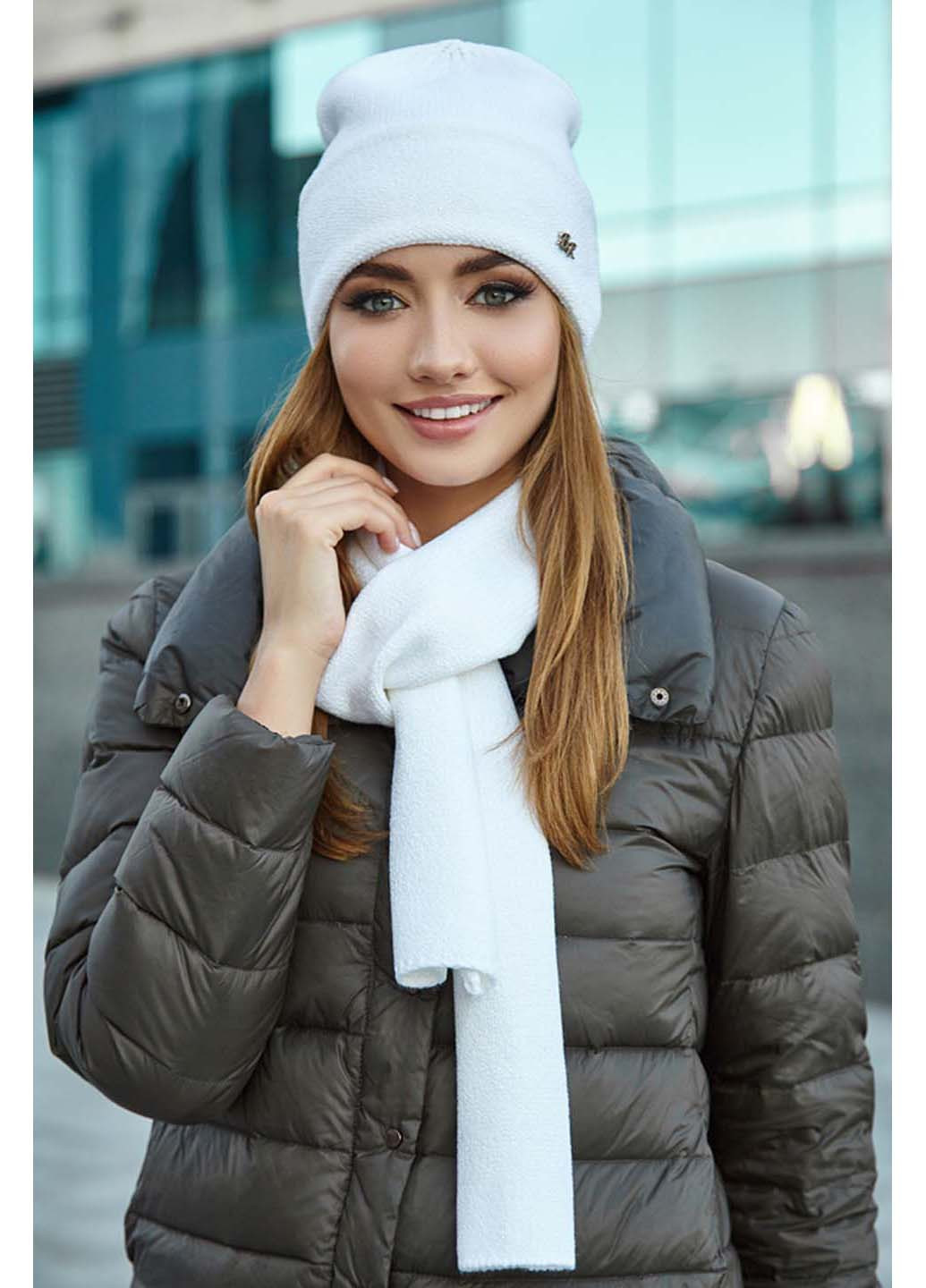 Комплект (шапка, шарф) Braxton шапка + шарф однотонные белые кэжуалы полиамид, акрил
