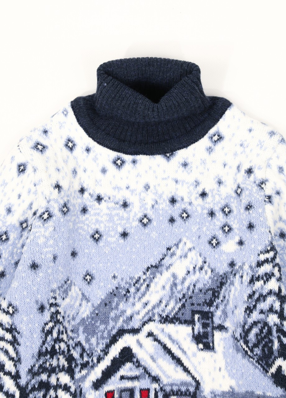 Темно-синий зимний свитер для мальчика зимний темно-синий с елками шерстяной Pulltonic Прямая