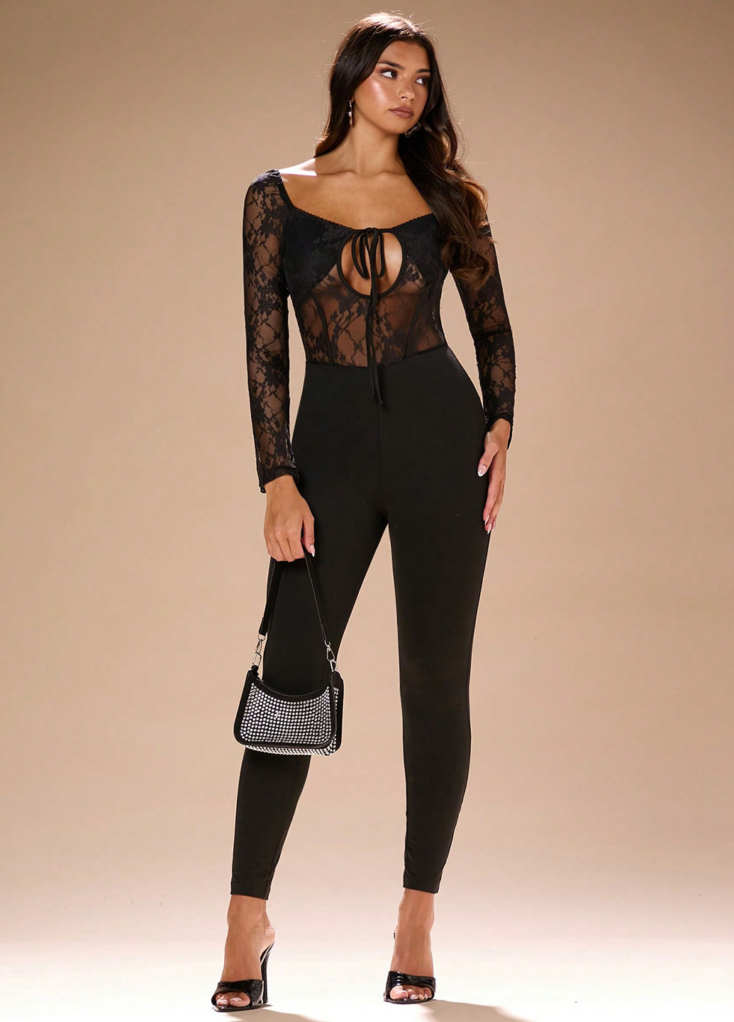 Комбінезон SHEIN комбінезон-брюки однотонний чорний вечірній, відвертий поліестер