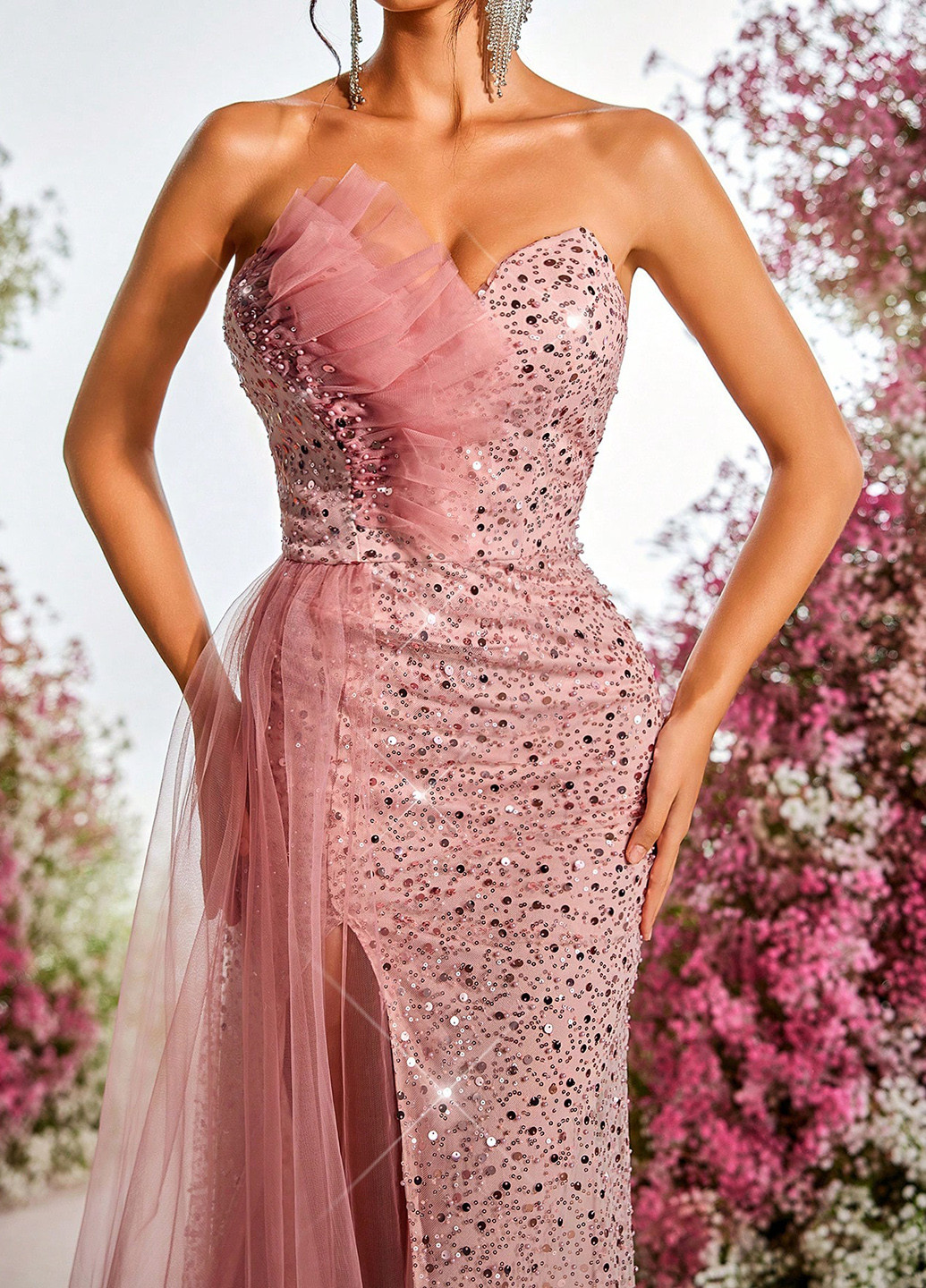 Светло-розовое праздничный, вечернее платье годе, со шлейфом, с открытой спиной SHEIN однотонное